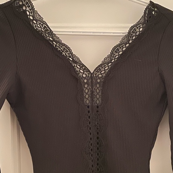 H&M Long Sleeve Black Bodysuit with Lace Trim, Size Small - Picture 3 of 4